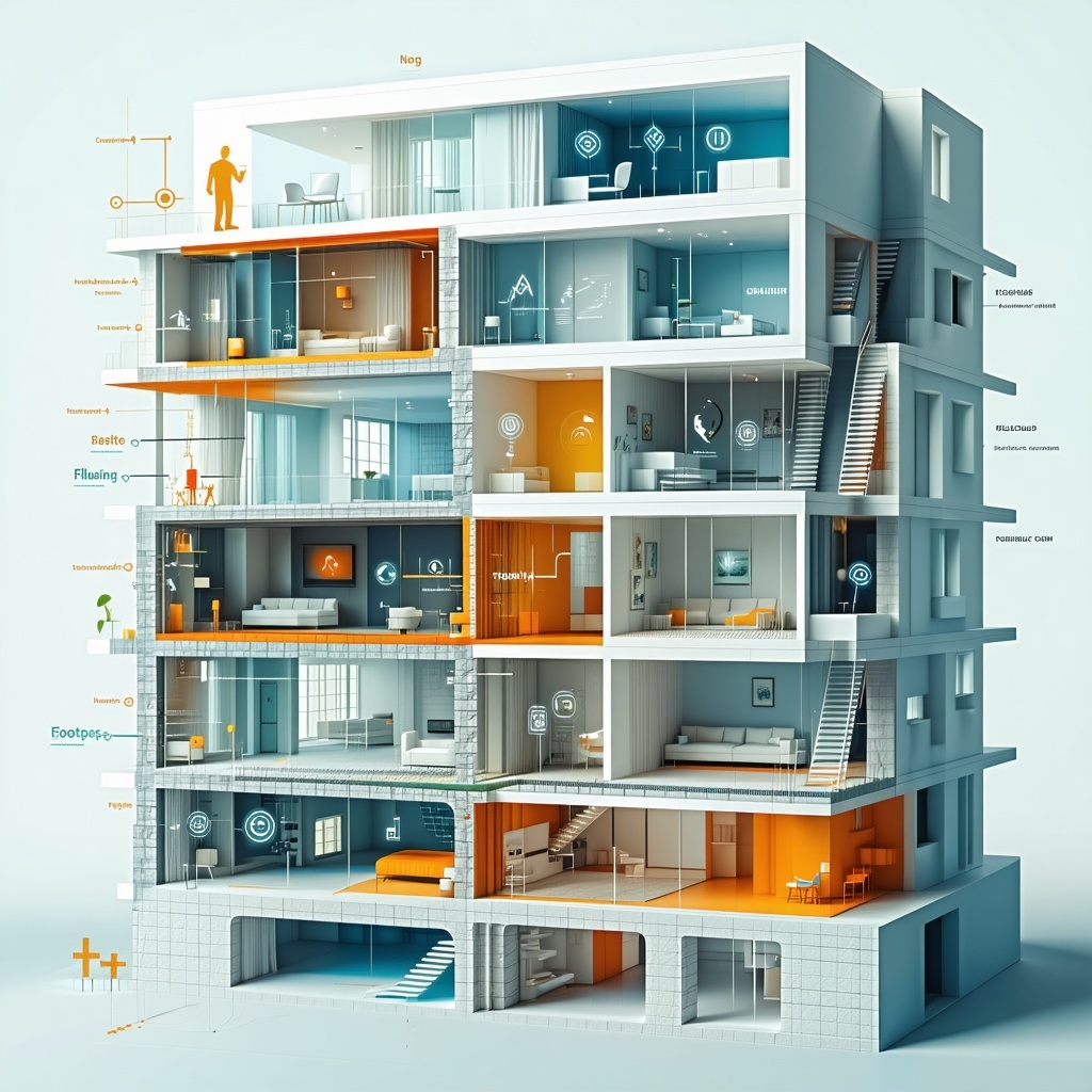 A highresolution digital illustration showing a modern crosssection of a multistory residential building highlighting sound insulation layers between floors and walls Include visual indicators of noise sources eg footsteps flushing toilet loud music