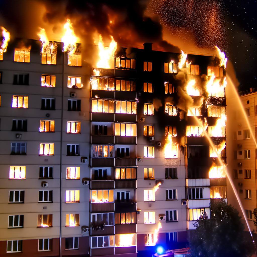 fire in multistore apartment building